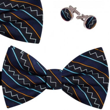 Set papion barbati, batista, butoni, albastru cobalt, print zig zag